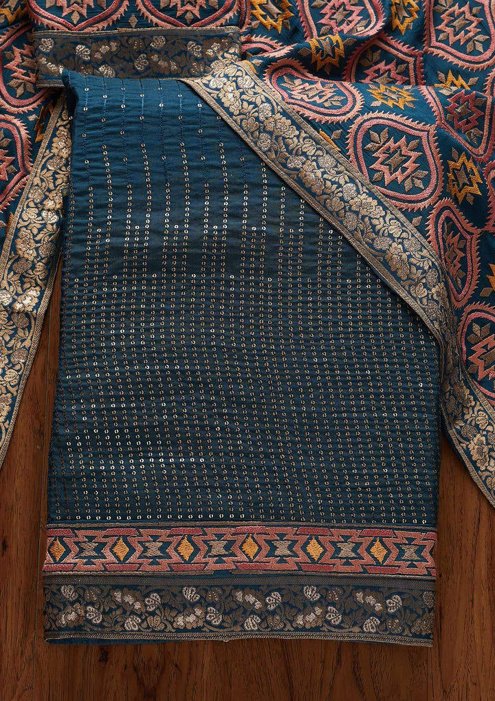 Peacock Blue Chikankari Semi Crepe Unstitched Salwar Suit - Koskii