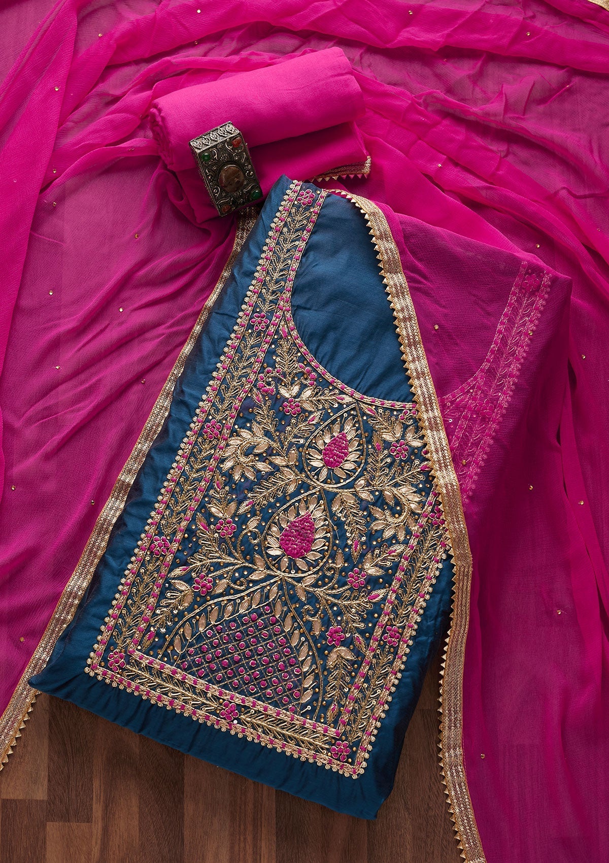 Peacock Blue Gotapatti Art Silk Designer Unstitched Salwar Suit - Koskii