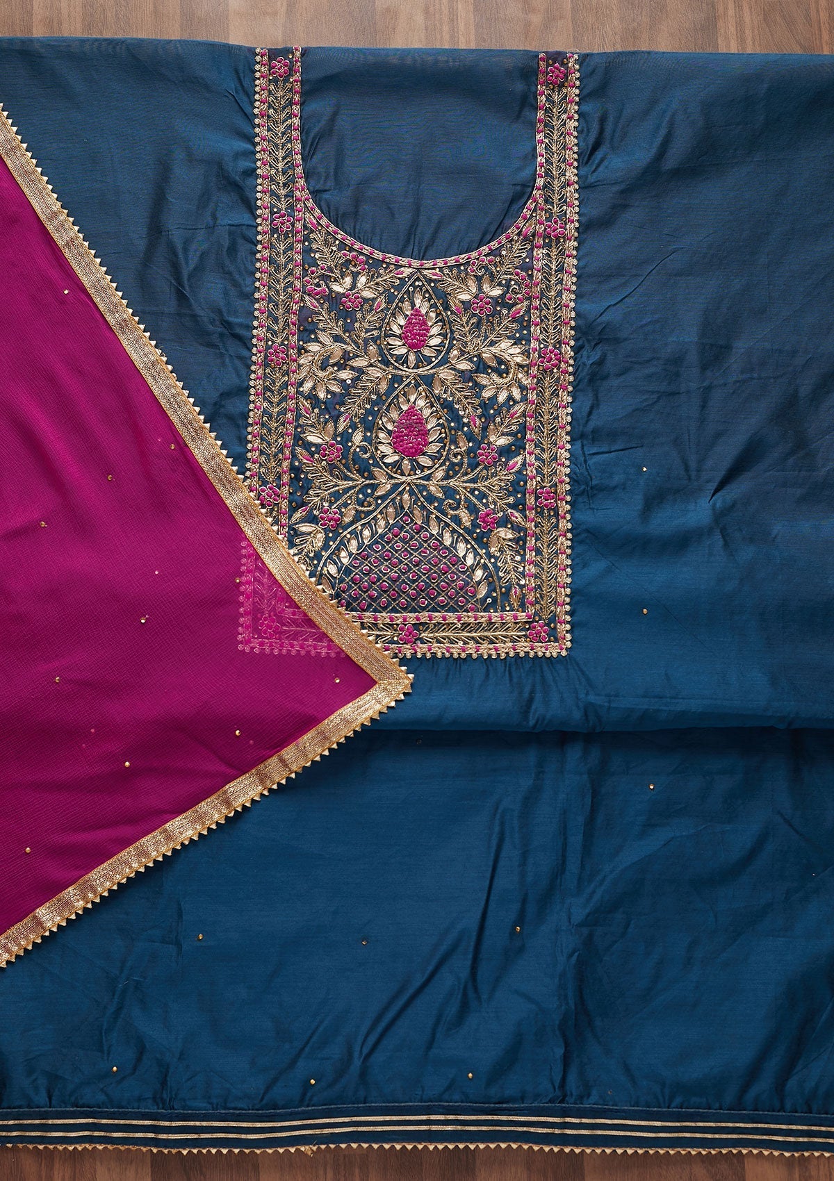 Peacock Blue Gotapatti Art Silk Designer Unstitched Salwar Suit - Koskii