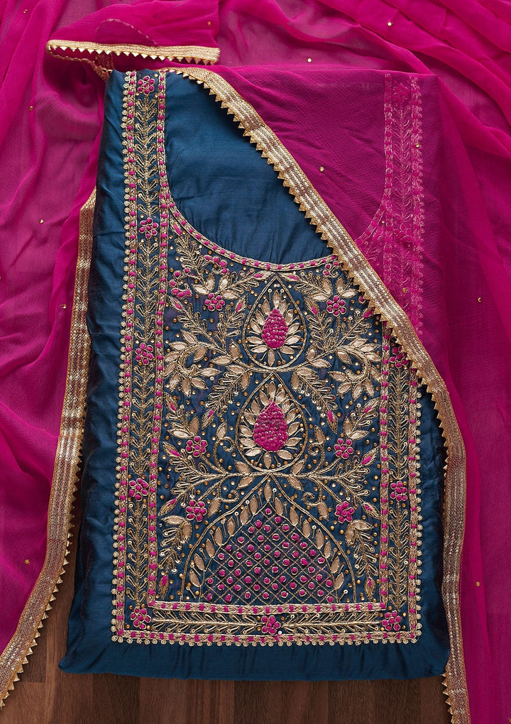 Peacock Blue Gotapatti Art Silk Designer Unstitched Salwar Suit - Koskii