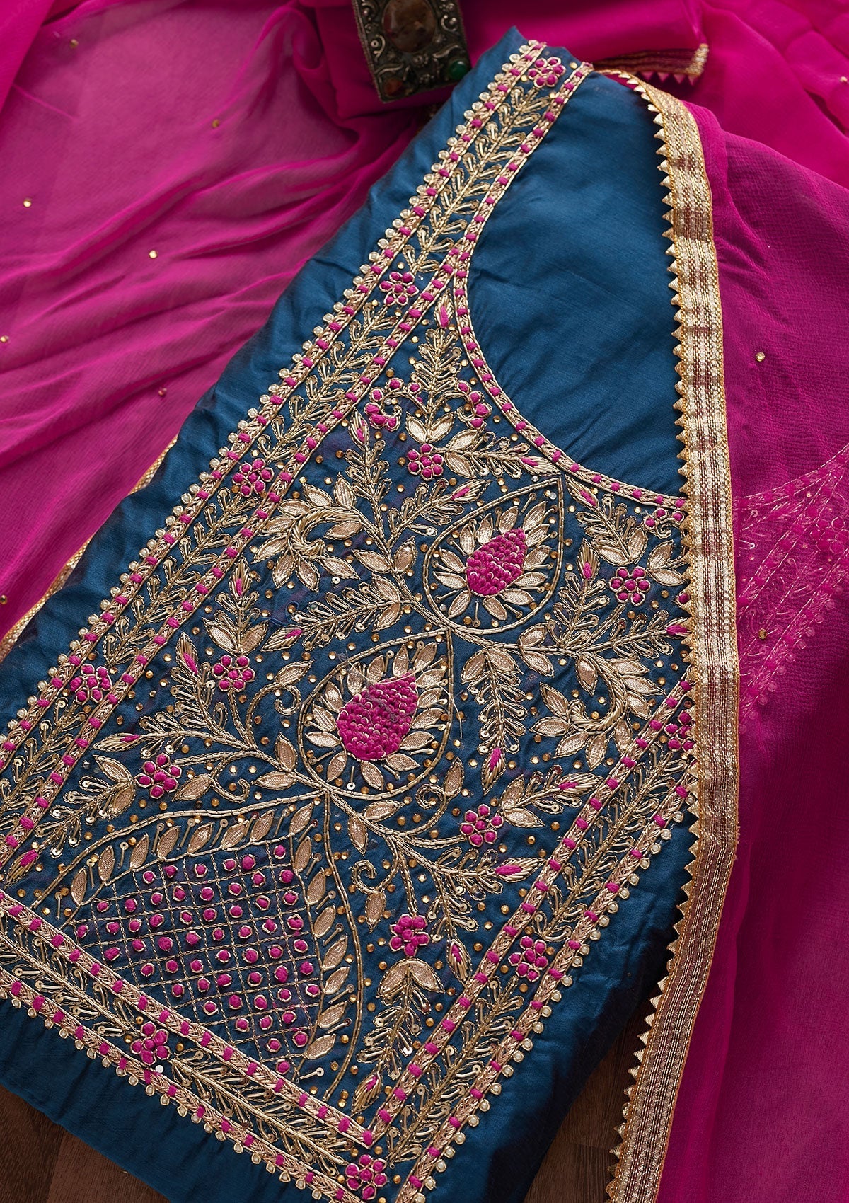 Peacock Blue Gotapatti Art Silk Designer Unstitched Salwar Suit - Koskii