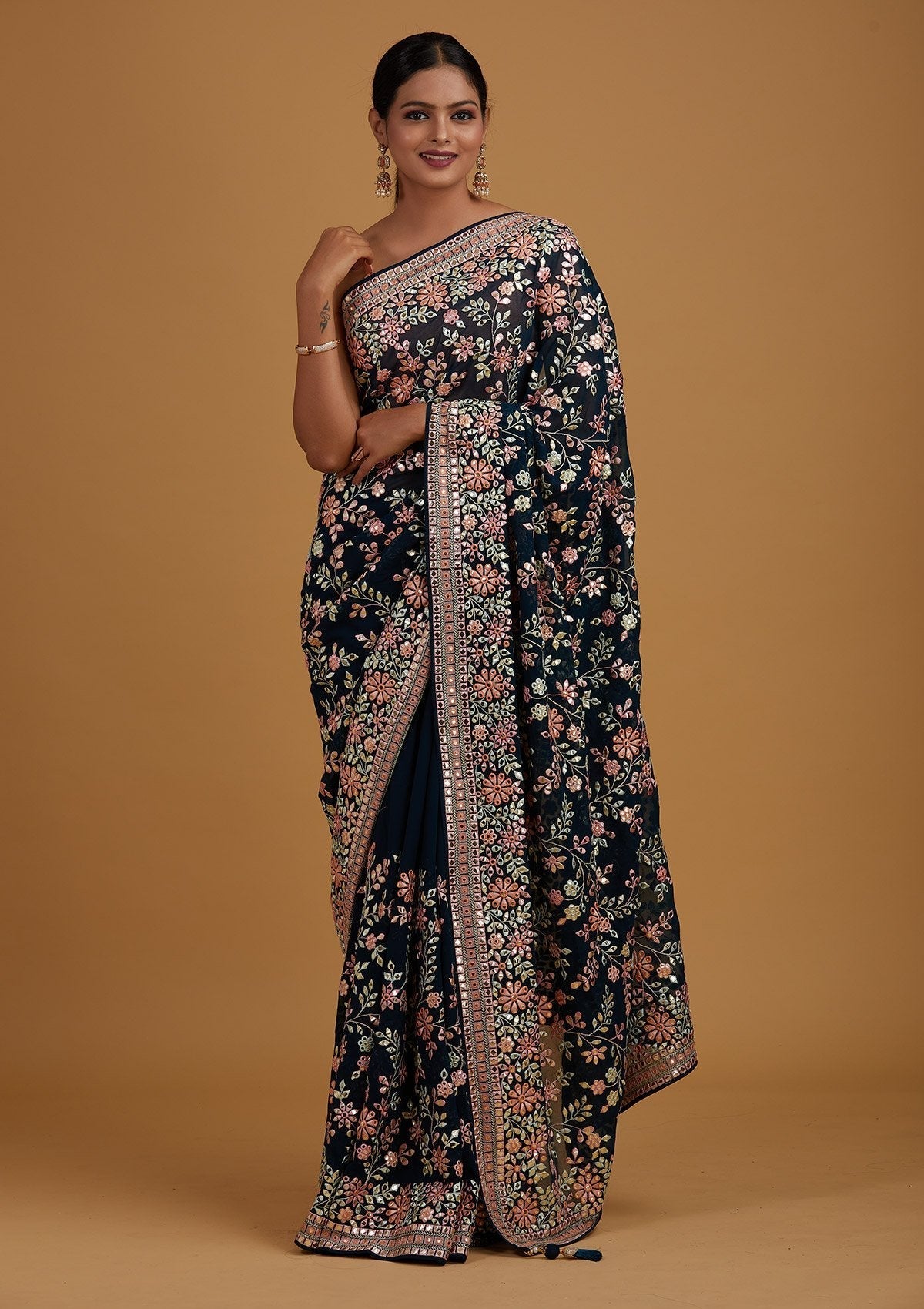 Peacock Blue Gotapatti Georgette Designer Saree - Koskii