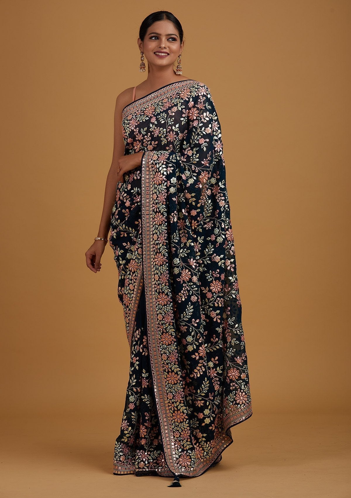 Peacock Blue Gotapatti Georgette Designer Saree - Koskii