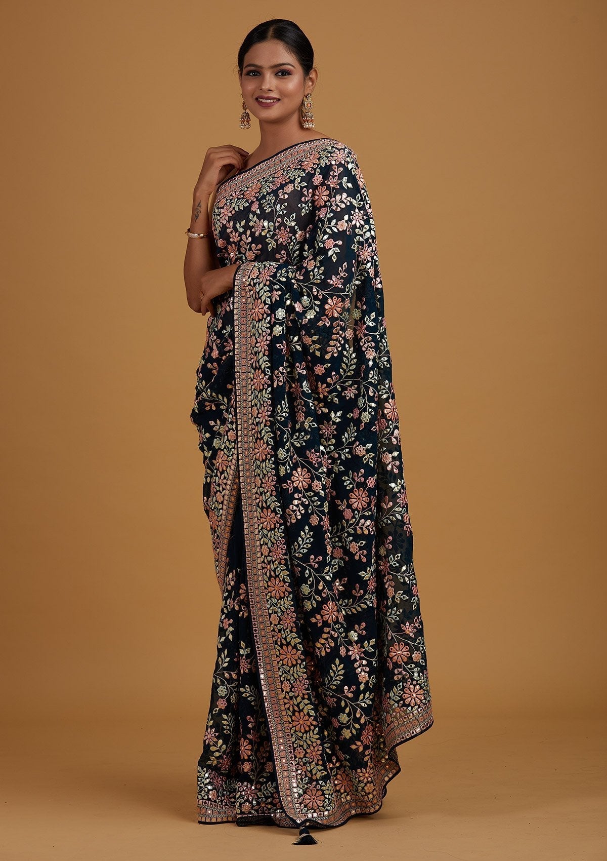 Peacock Blue Gotapatti Georgette Designer Saree - Koskii