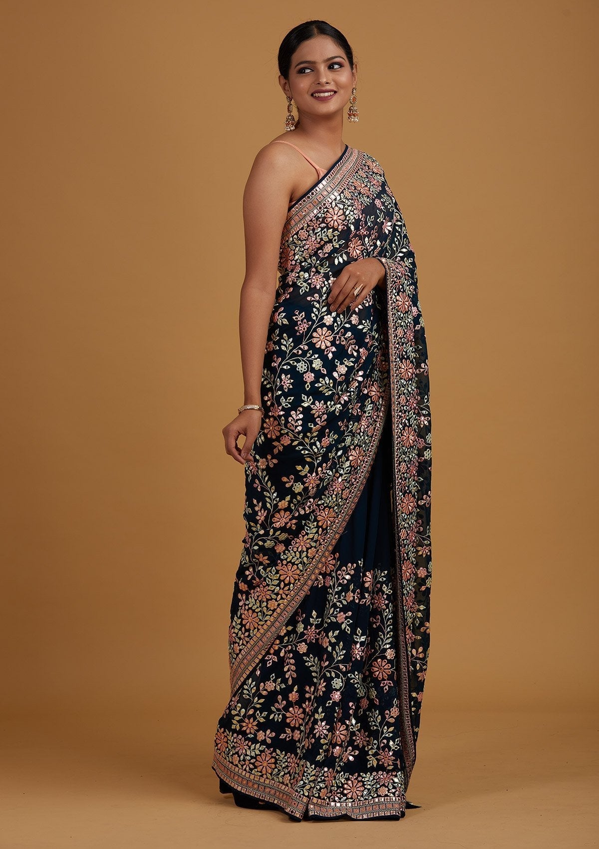 Peacock Blue Gotapatti Georgette Designer Saree - Koskii