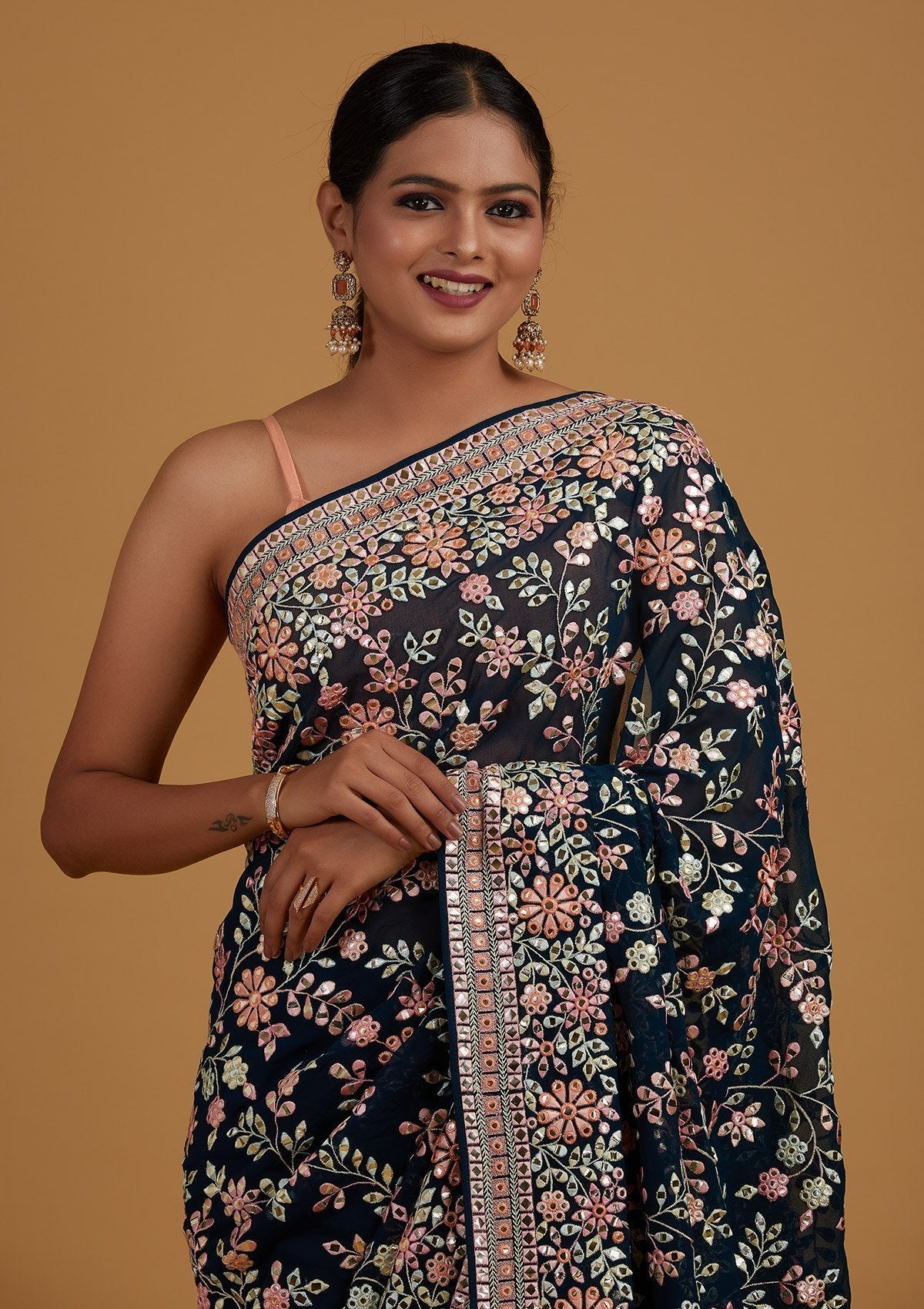 Peacock Blue Gotapatti Georgette Designer Saree - Koskii