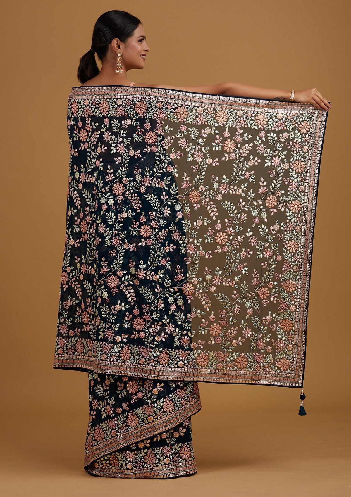 Peacock Blue Gotapatti Georgette Designer Saree - Koskii