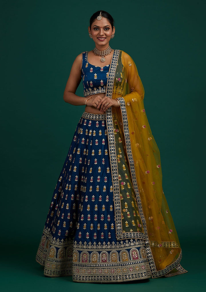 Peacock Blue Gotapatti Raw Silk Designer Semi-Stitched Lehenga - Koskii