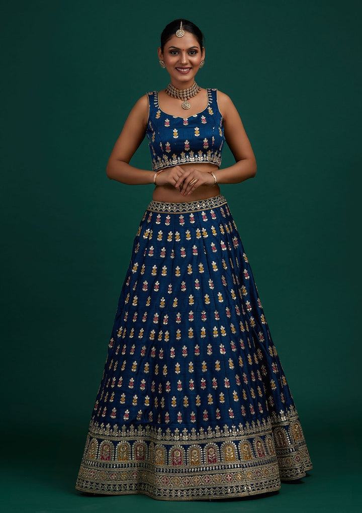 Peacock Blue Gotapatti Raw Silk Designer Semi-Stitched Lehenga - Koskii