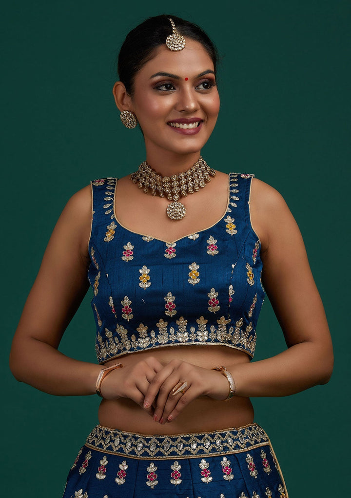Peacock Blue Gotapatti Raw Silk Designer Semi-Stitched Lehenga - Koskii