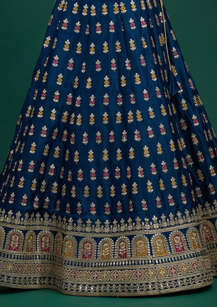 Peacock Blue Gotapatti Raw Silk Designer Semi-Stitched Lehenga - Koskii