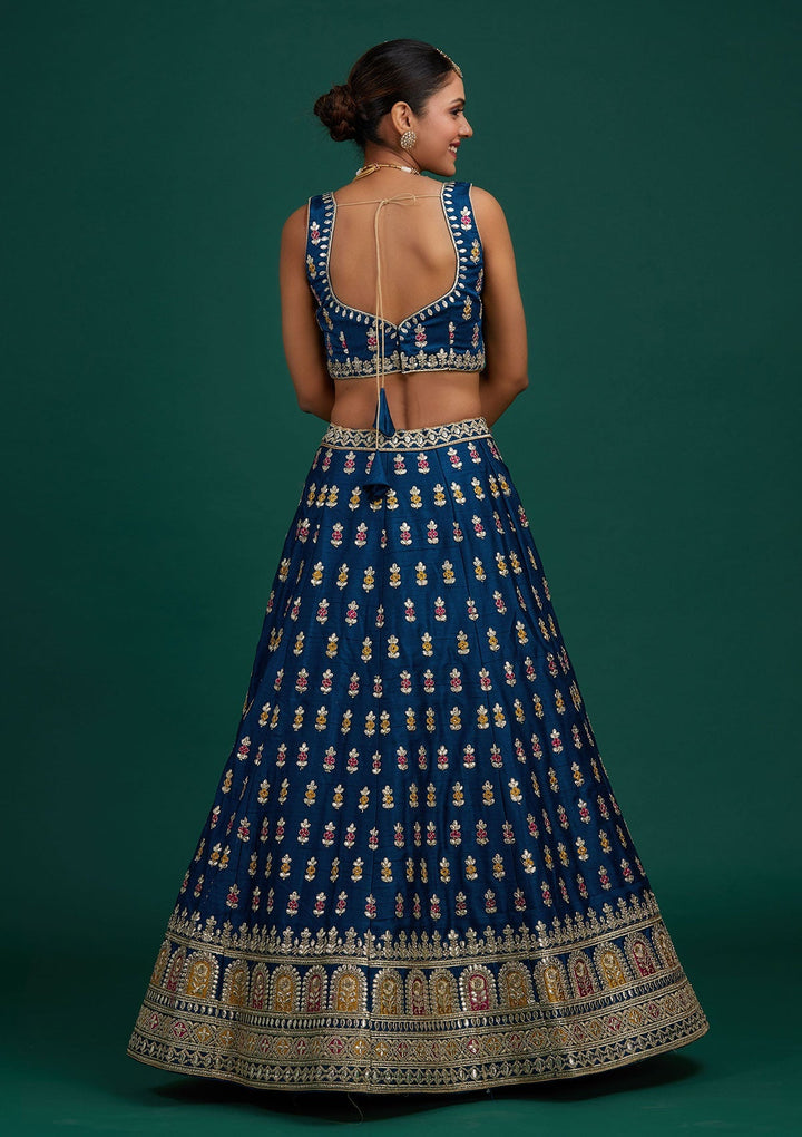 Peacock Blue Gotapatti Raw Silk Designer Semi-Stitched Lehenga - Koskii