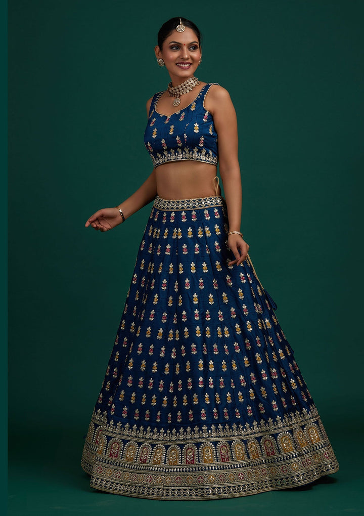 Peacock Blue Gotapatti Raw Silk Designer Semi-Stitched Lehenga - Koskii
