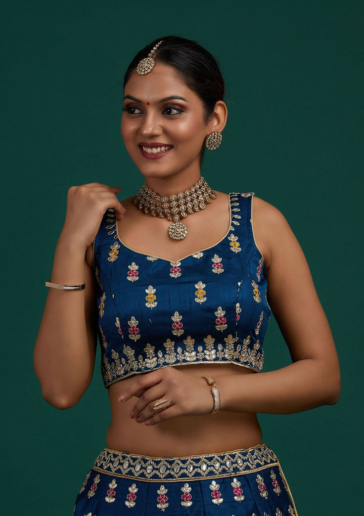 Peacock Blue Gotapatti Raw Silk Designer Semi-Stitched Lehenga - Koskii