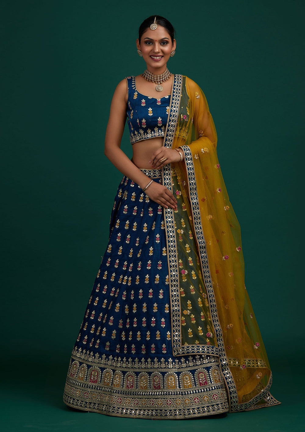 Peacock Blue Gotapatti Raw Silk Designer Semi-Stitched Lehenga - Koskii