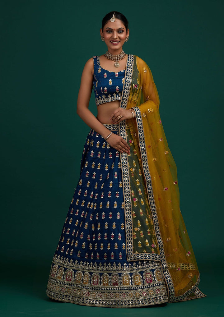 Peacock Blue Gotapatti Raw Silk Designer Semi-Stitched Lehenga - Koskii