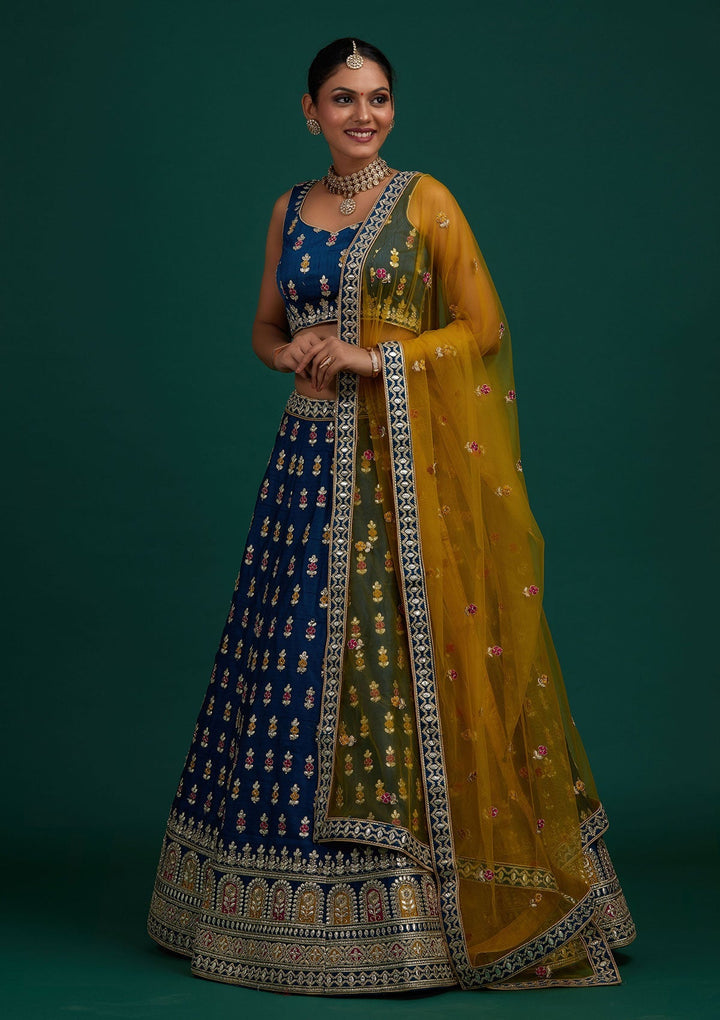 Peacock Blue Gotapatti Raw Silk Designer Semi-Stitched Lehenga - Koskii