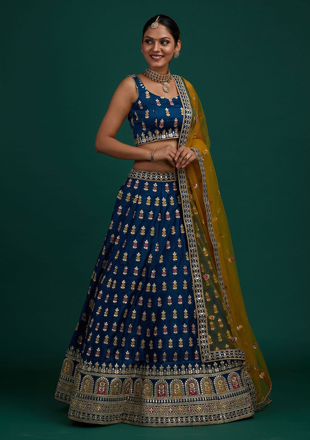 Peacock Blue Gotapatti Raw Silk Designer Semi-Stitched Lehenga - Koskii