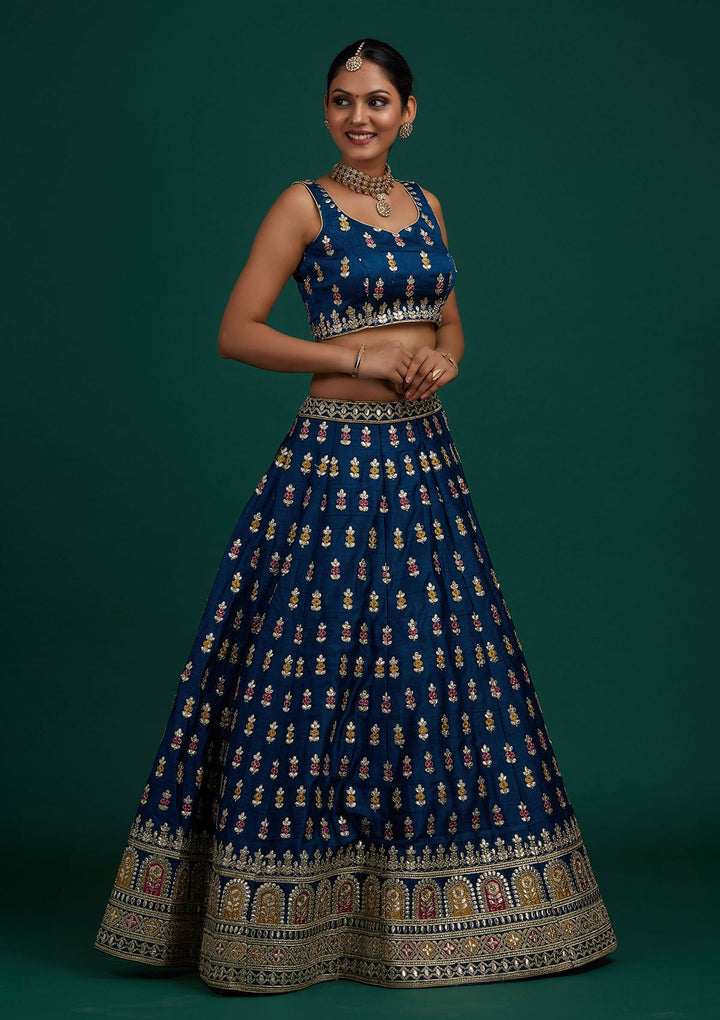 Peacock Blue Gotapatti Raw Silk Designer Semi-Stitched Lehenga - Koskii