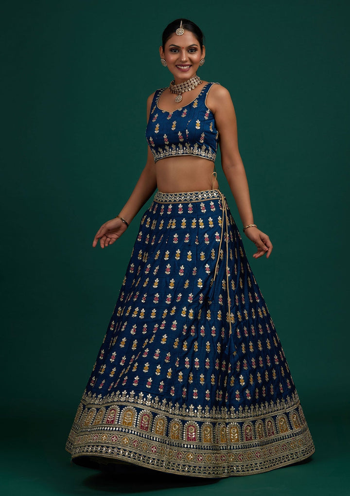 Peacock Blue Gotapatti Raw Silk Designer Semi-Stitched Lehenga - Koskii