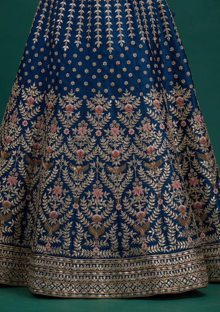 Peacock Blue Gotapatti Raw Silk Designer Semi-Stitched Lehenga - Koskii