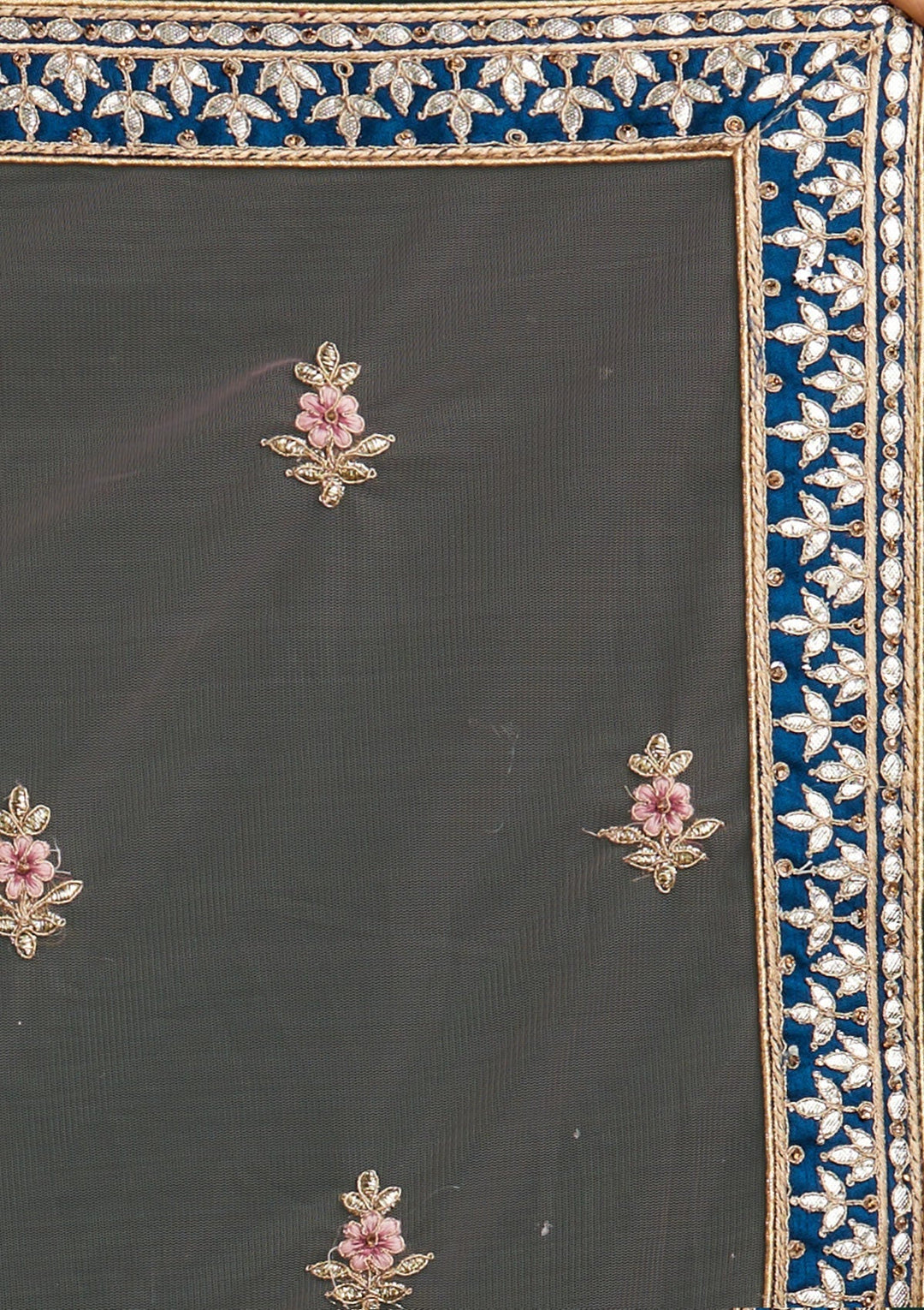 Peacock Blue Gotapatti Raw Silk Designer Semi-Stitched Lehenga - Koskii