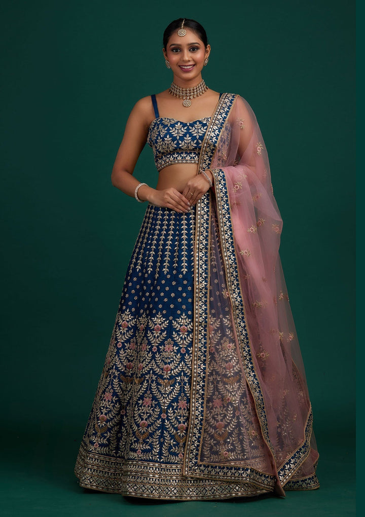 Peacock Blue Gotapatti Raw Silk Designer Semi-Stitched Lehenga - Koskii