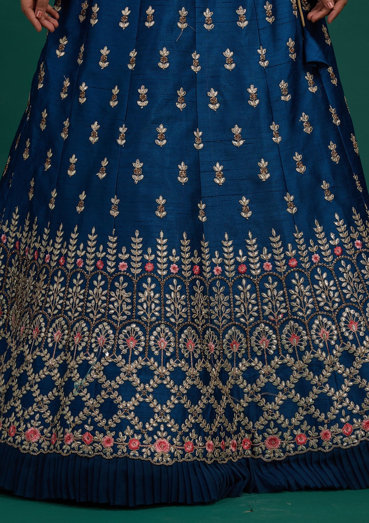 Peacock Blue Gotapatti Raw Silk Designer Semi-Stitched Lehenga - Koskii