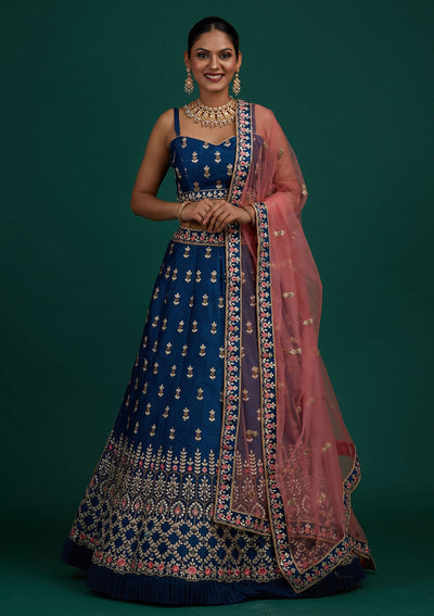 Peacock Blue Gotapatti Raw Silk Designer Semi-Stitched Lehenga - Koskii