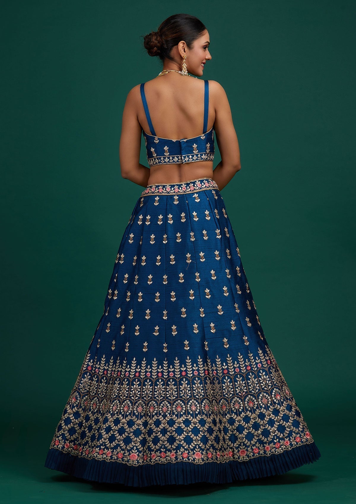 Peacock Blue Gotapatti Raw Silk Designer Semi-Stitched Lehenga - Koskii