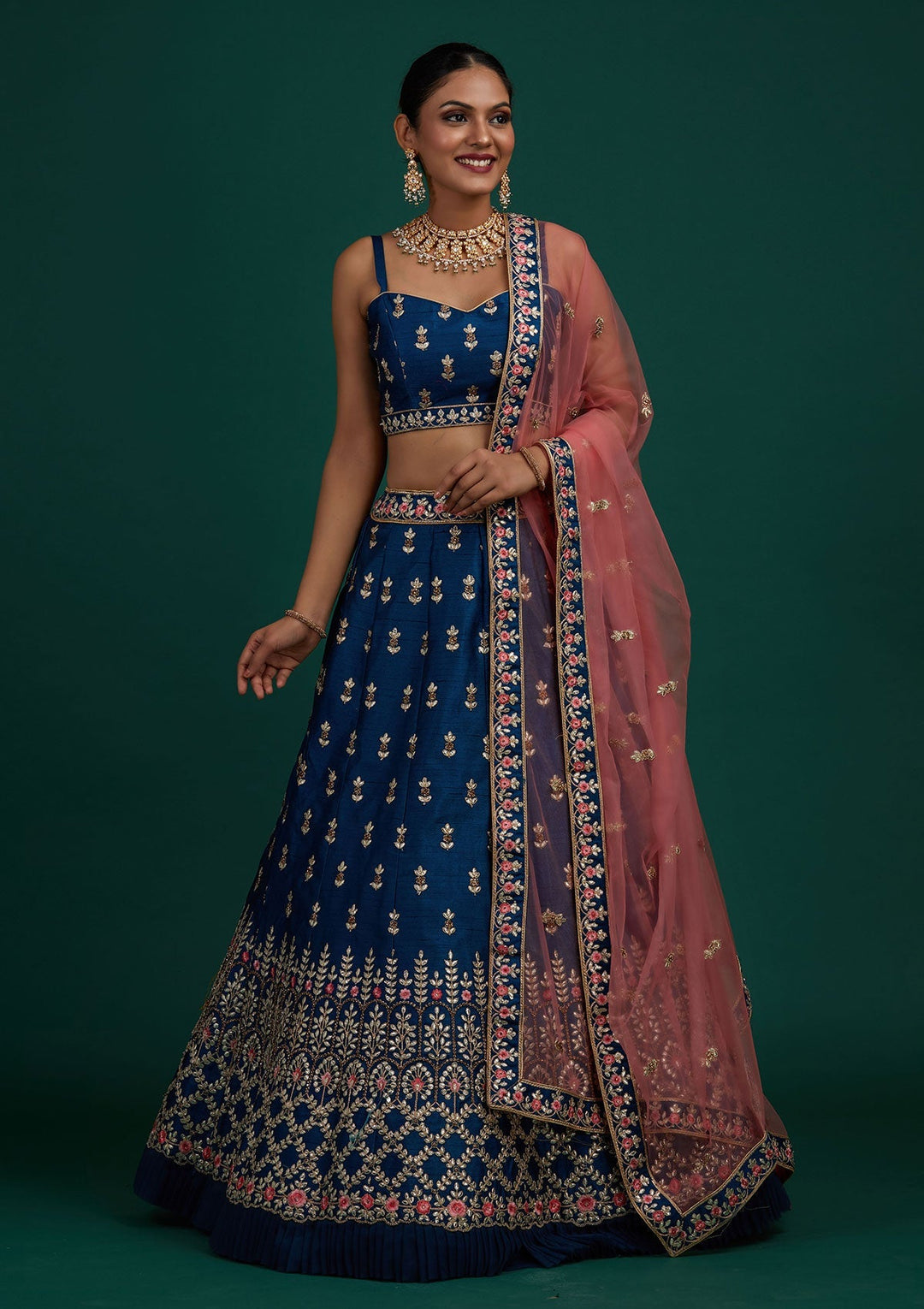 Peacock Blue Gotapatti Raw Silk Designer Semi-Stitched Lehenga - Koskii