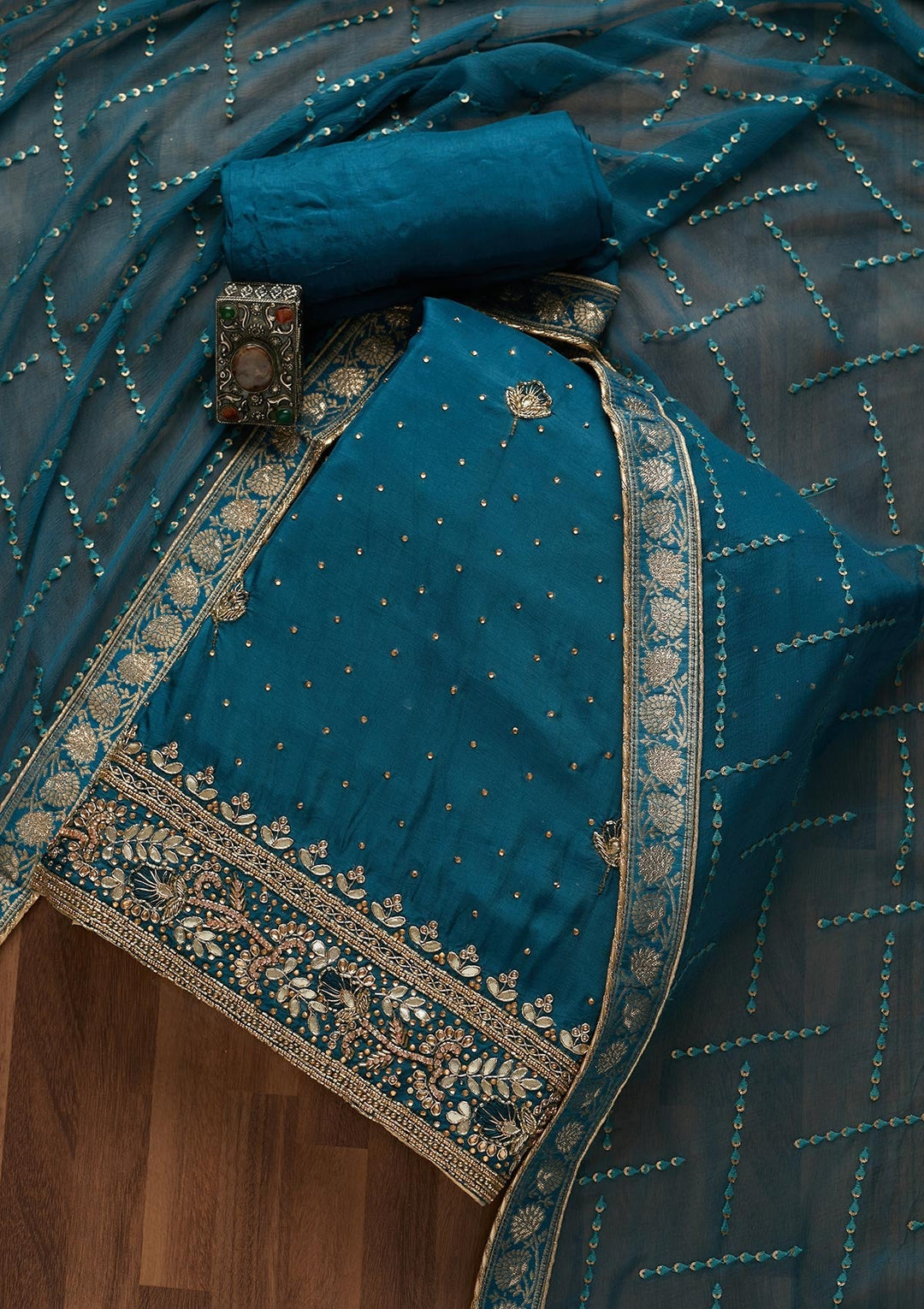 Peacock Blue Gotapatti Semi Crepe Unstitched Salwar Suit-Koskii