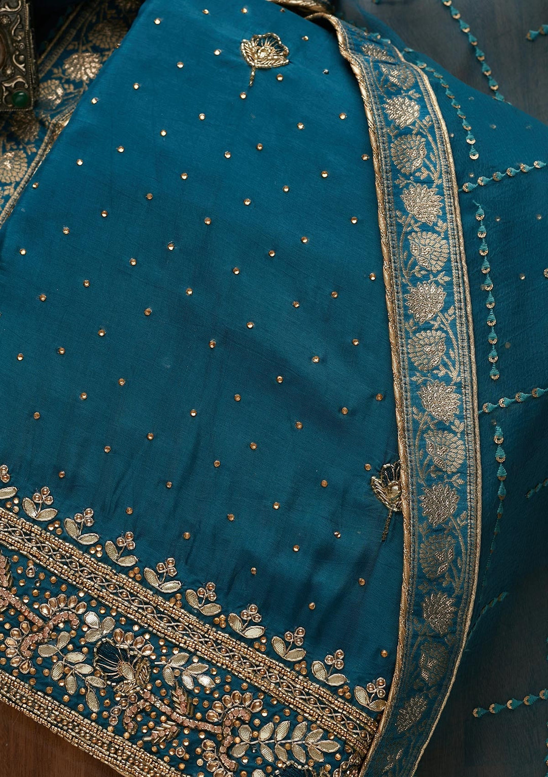 Peacock Blue Gotapatti Semi Crepe Unstitched Salwar Suit-Koskii