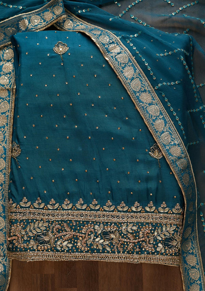 Peacock Blue Gotapatti Semi Crepe Unstitched Salwar Suit-Koskii