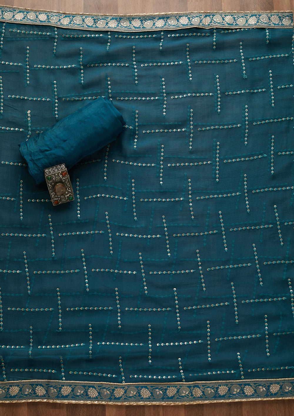 Peacock Blue Gotapatti Semi Crepe Unstitched Salwar Suit-Koskii