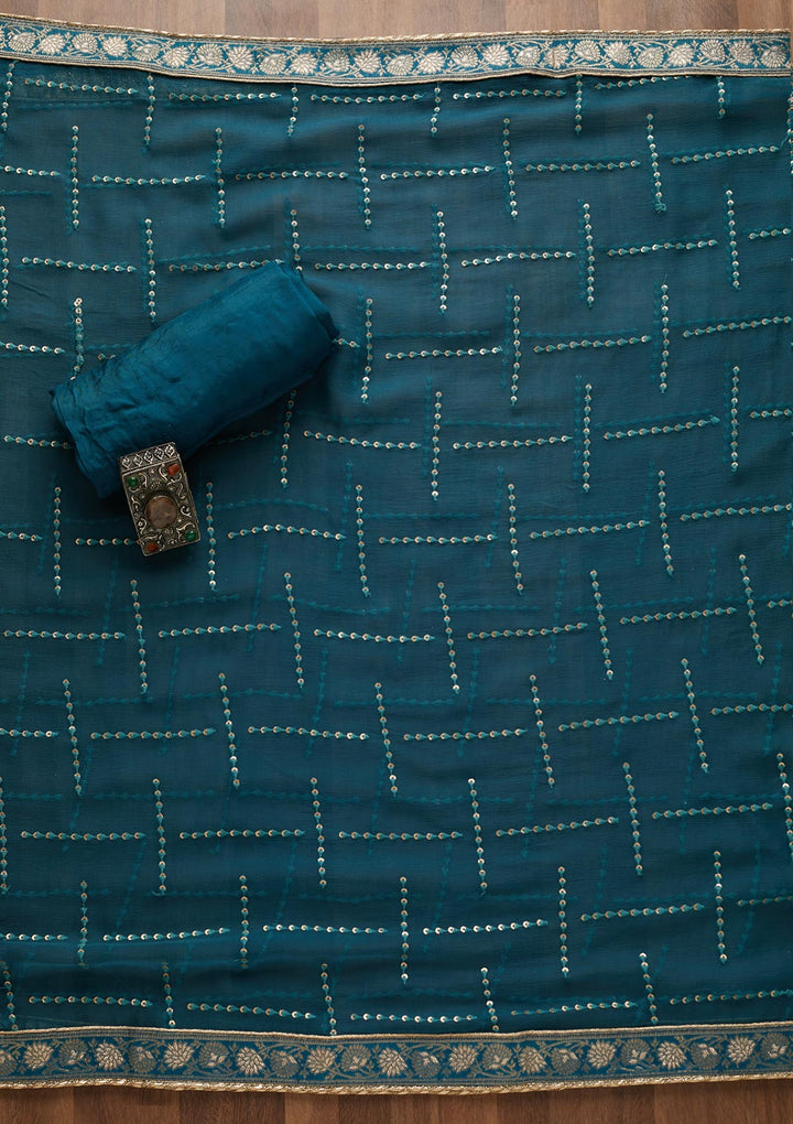 Peacock Blue Gotapatti Semi Crepe Unstitched Salwar Suit-Koskii