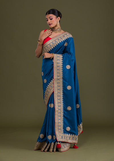 Peacock Blue Gotapatti Taffeta Silk Saree-Koskii