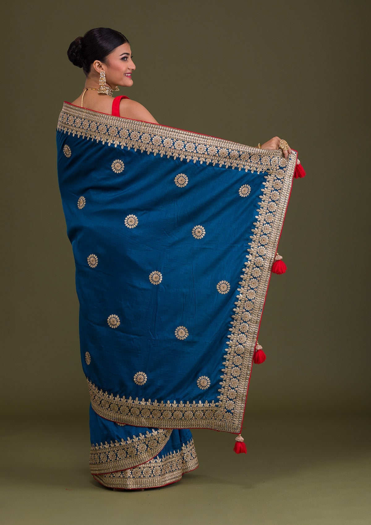Peacock Blue Gotapatti Taffeta Silk Unstitched Saree-Koskii