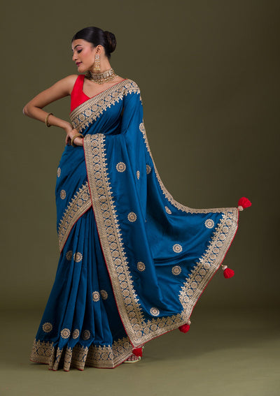 Peacock Blue Gotapatti Taffeta Silk Unstitched Saree-Koskii