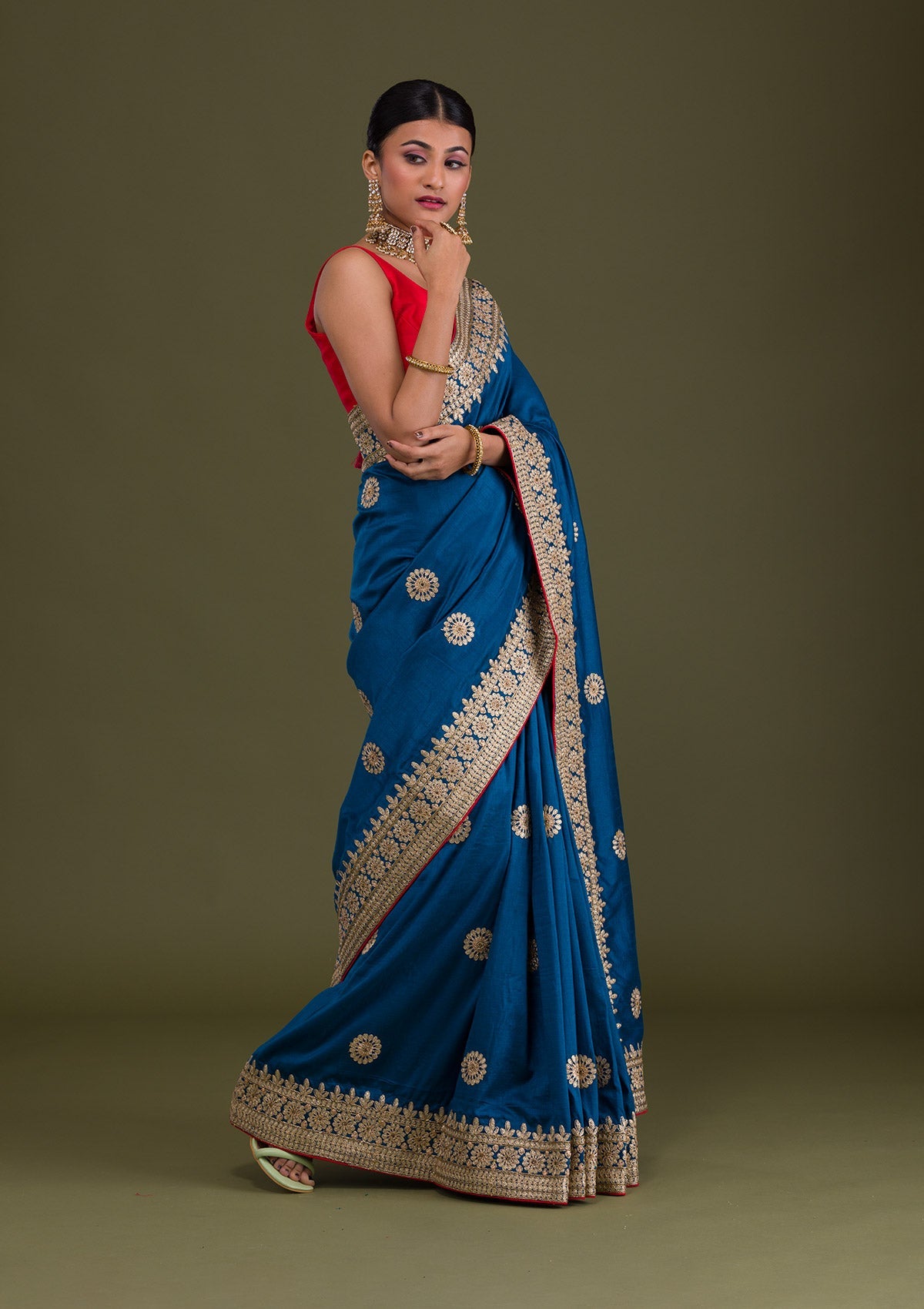Peacock Blue Gotapatti Taffeta Silk Unstitched Saree-Koskii