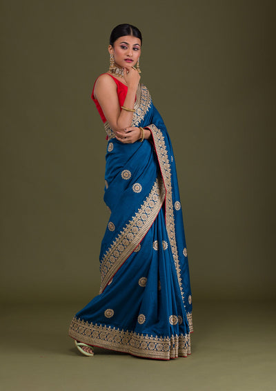 Peacock Blue Gotapatti Taffeta Silk Unstitched Saree-Koskii