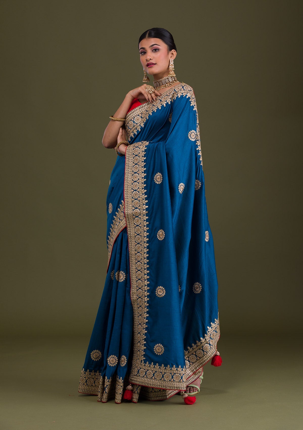 Peacock Blue Gotapatti Taffeta Silk Unstitched Saree-Koskii