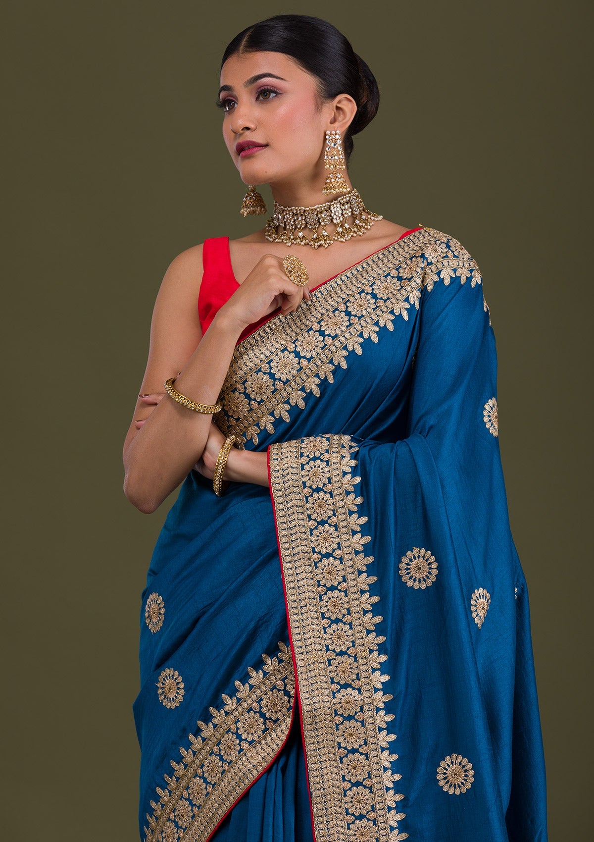 Peacock Blue Gotapatti Taffeta Silk Unstitched Saree-Koskii