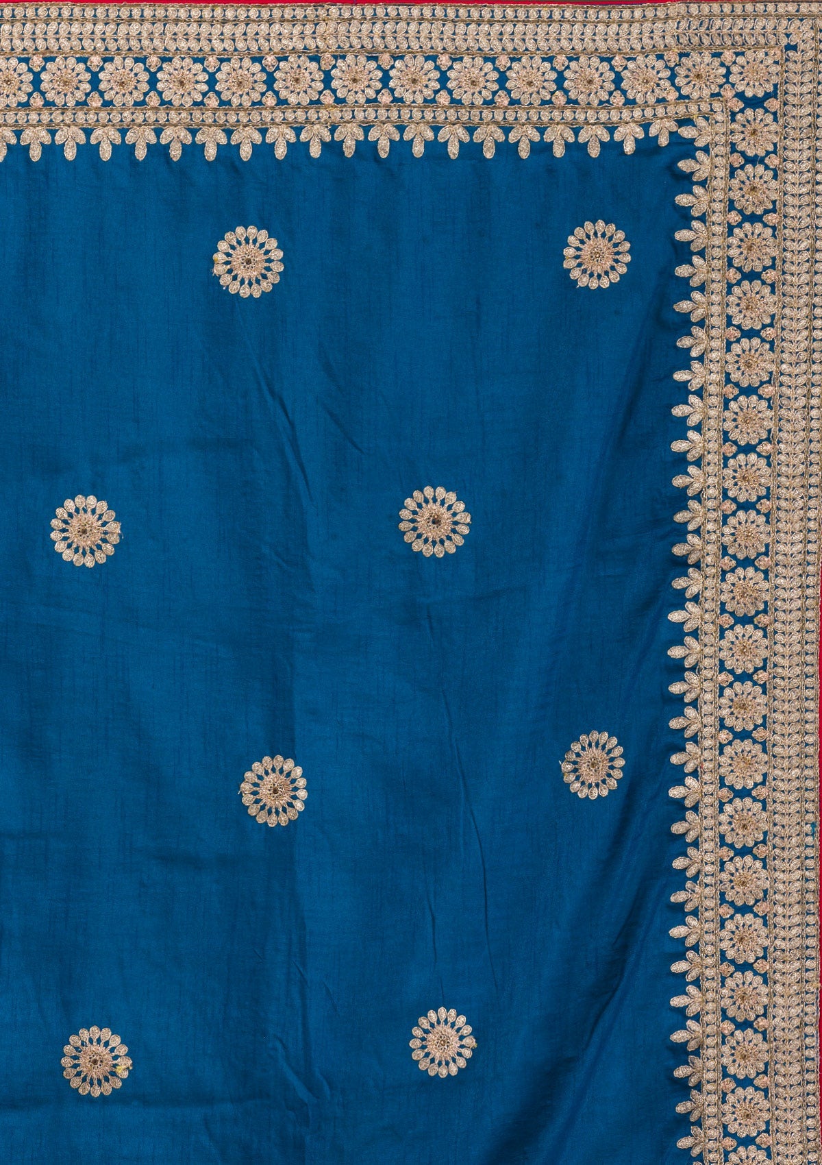 Peacock Blue Gotapatti Taffeta Silk Unstitched Saree-Koskii