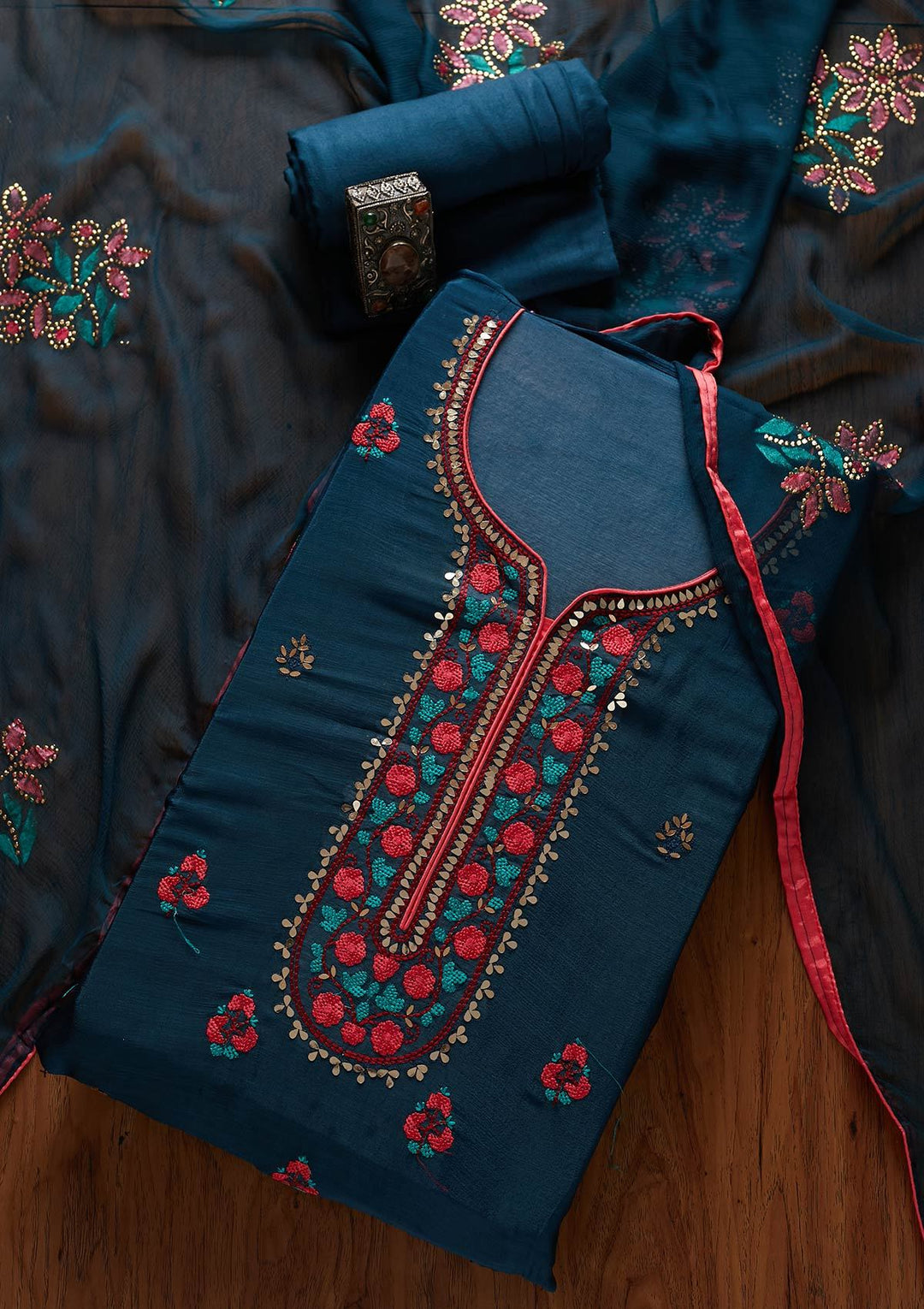 Peacock Blue Mirrorwork Semi Crepe Designer Unstitched Salwar Suit - koskii
