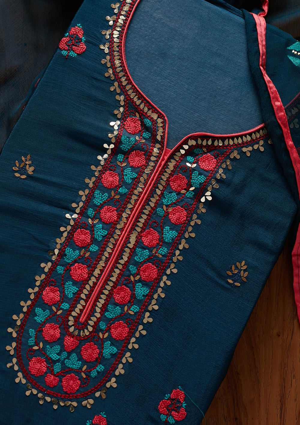 Peacock Blue Mirrorwork Semi Crepe Designer Unstitched Salwar Suit - koskii