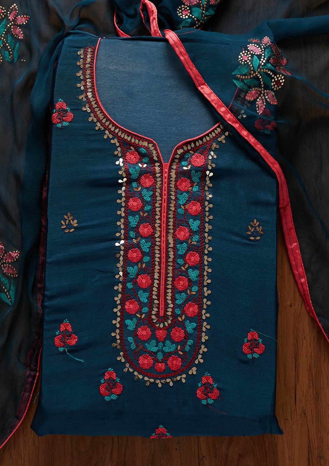 Peacock Blue Mirrorwork Semi Crepe Designer Unstitched Salwar Suit - koskii