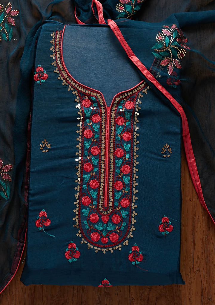 Peacock Blue Mirrorwork Semi Crepe Designer Unstitched Salwar Suit - koskii
