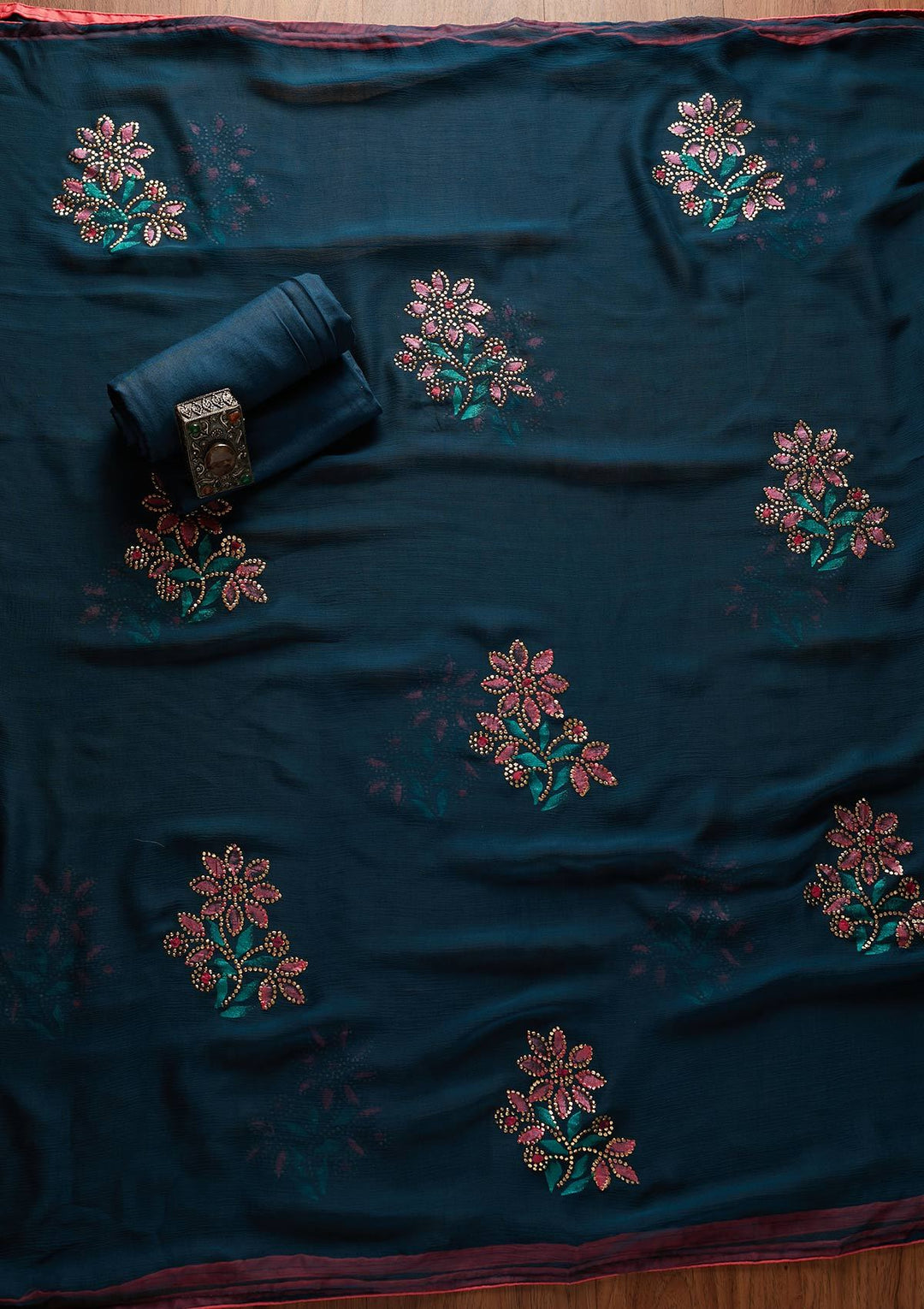 Peacock Blue Mirrorwork Semi Crepe Designer Unstitched Salwar Suit - koskii