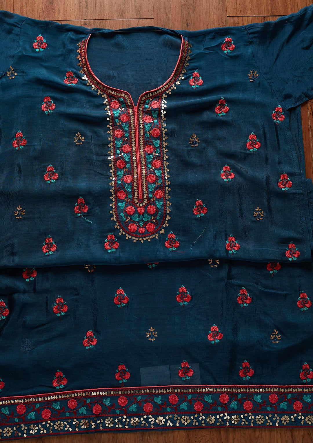Peacock Blue Mirrorwork Semi Crepe Designer Unstitched Salwar Suit - koskii